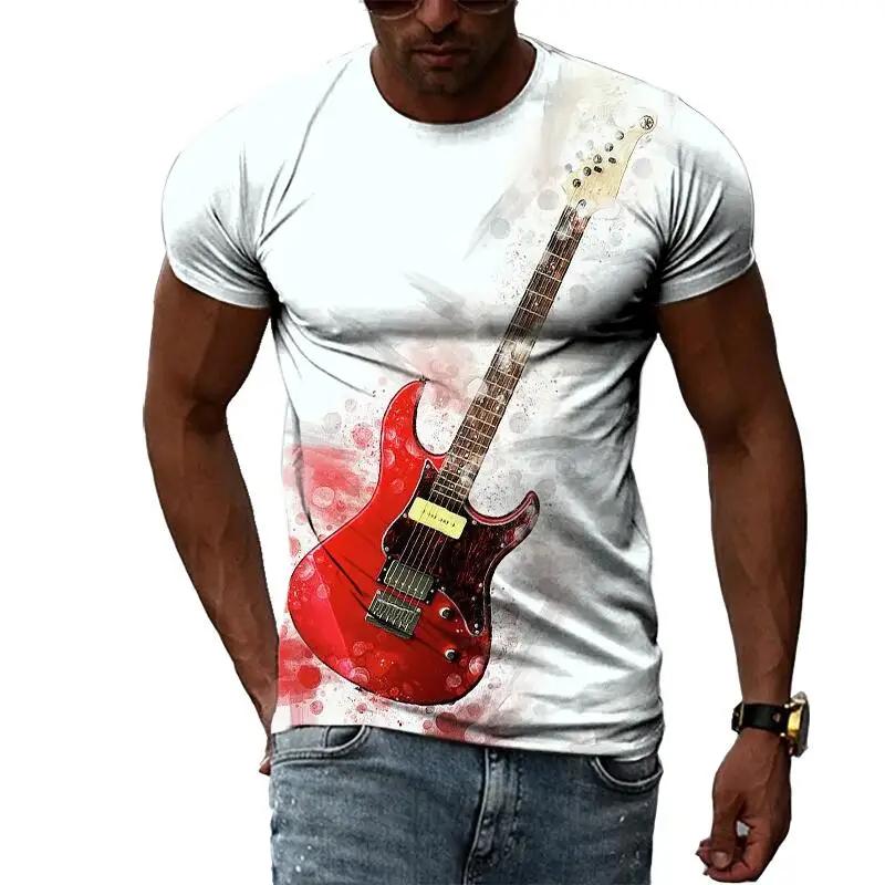 Summer Rock Electric Guitar Printed Short Sleeve Music Lover T-shirt Yukri Short Sleeve Mens and Womens Trendy Round